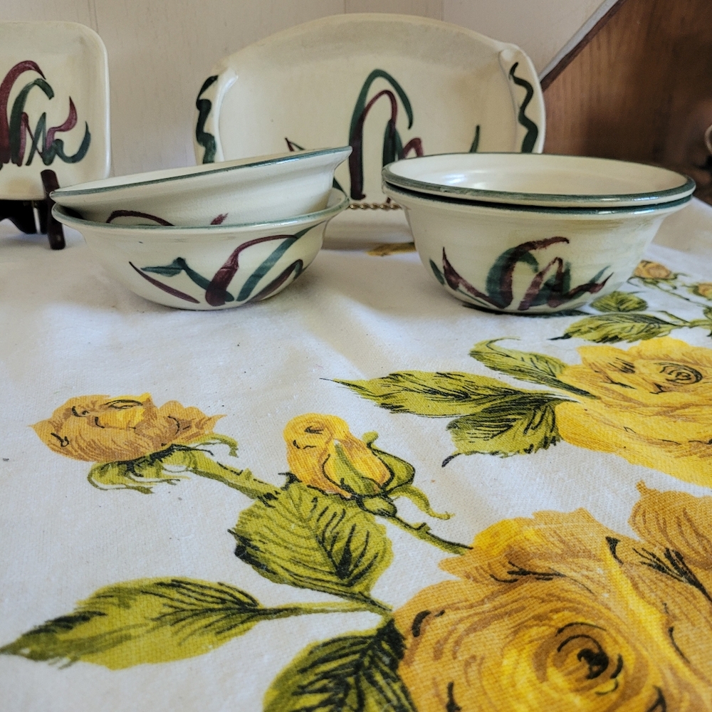 Hand Crafted Ceramic Bowls with Green and Maroon Accents
